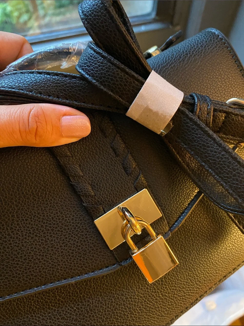 Women's Black Leather Top-Handle Crossbody Bag with Gold Padlock
